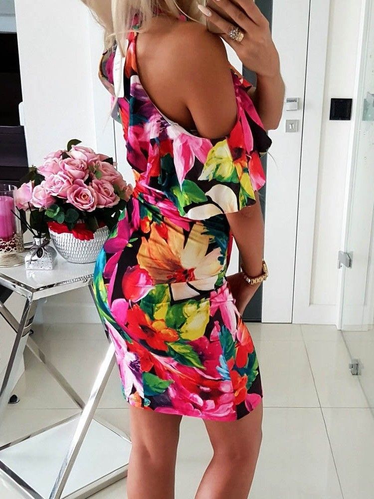 Bodycon Blomstretrykk For Kvinner Kald Skulder Over Kneet Kjole