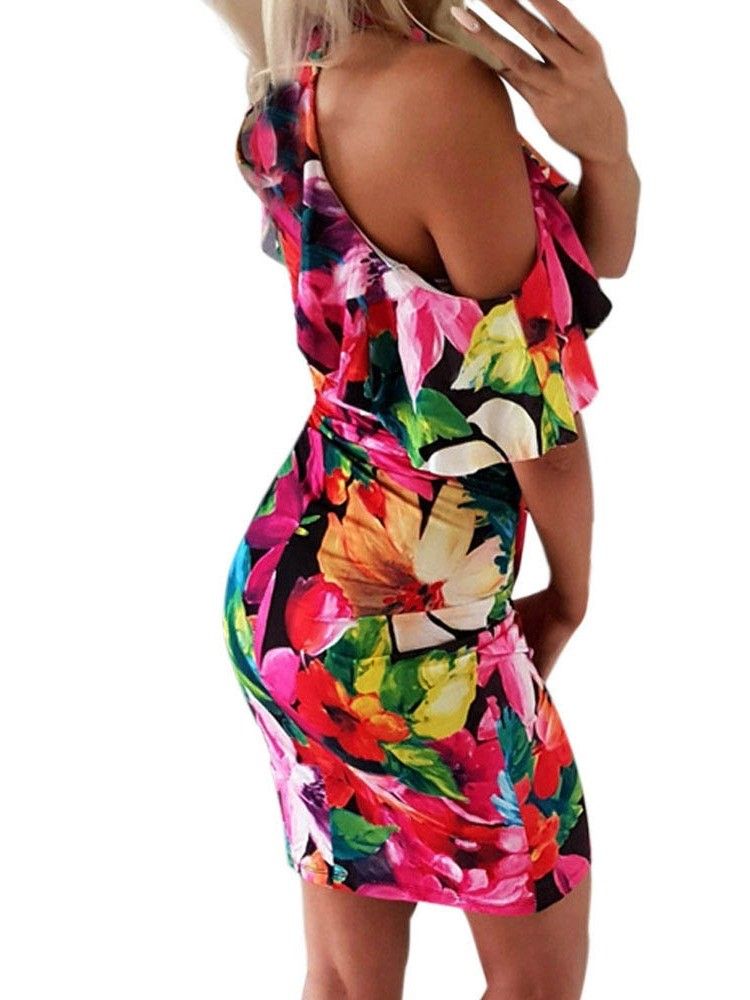 Bodycon Blomstretrykk For Kvinner Kald Skulder Over Kneet Kjole