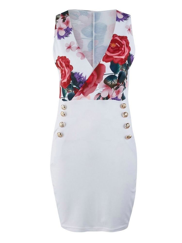 Bodycon Floral Patchwork Pocket V-neck Over Dress For Kvinner