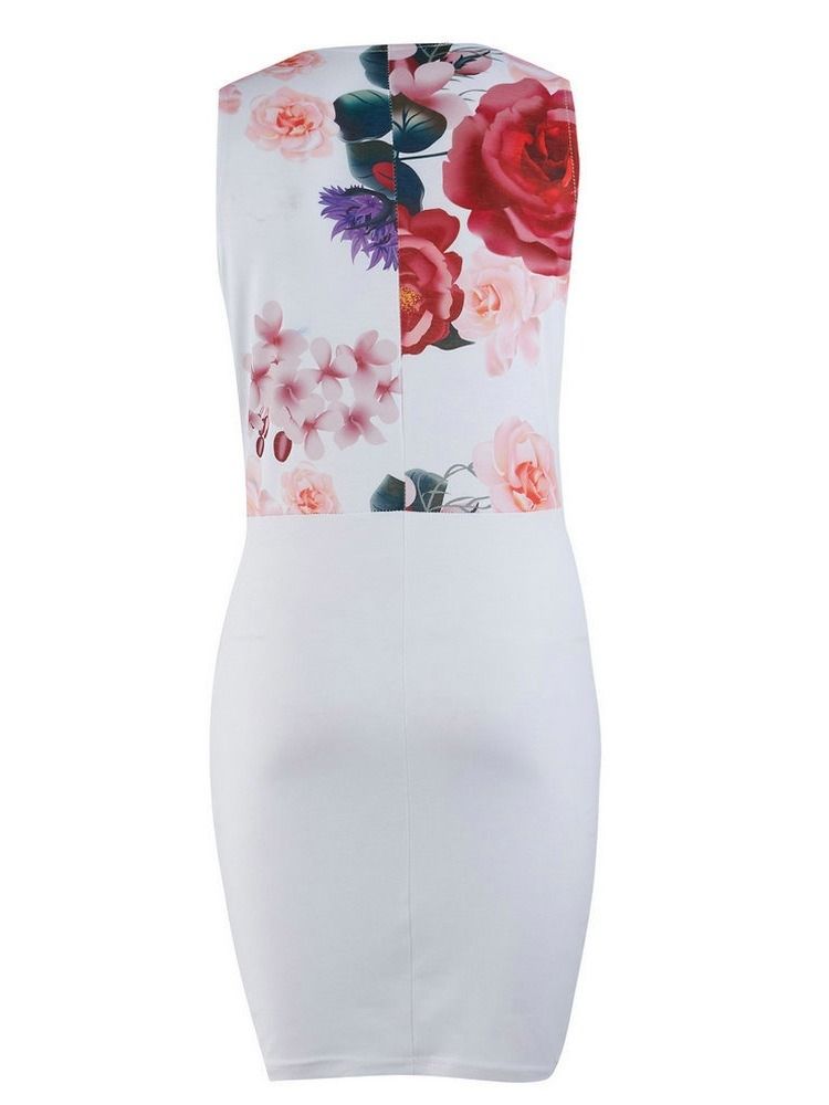 Bodycon Floral Patchwork Pocket V-neck Over Dress For Kvinner