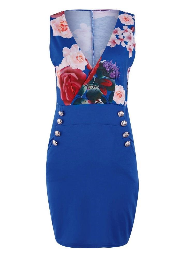 Bodycon Floral Patchwork Pocket V-neck Over Dress For Kvinner