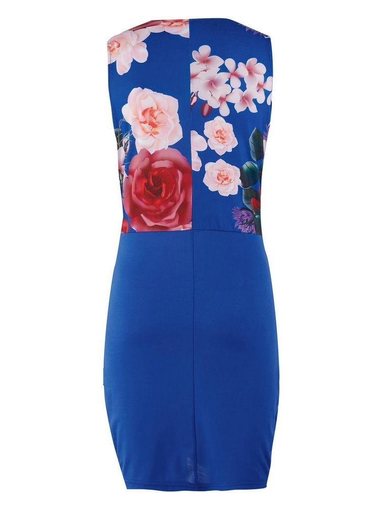 Bodycon Floral Patchwork Pocket V-neck Over Dress For Kvinner