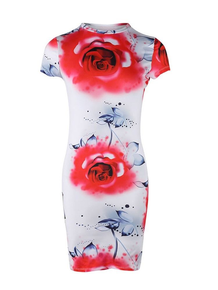 Bodycon For Kvinner Over Blomstermønster Knee Rund Hals Midje Sommerkjole