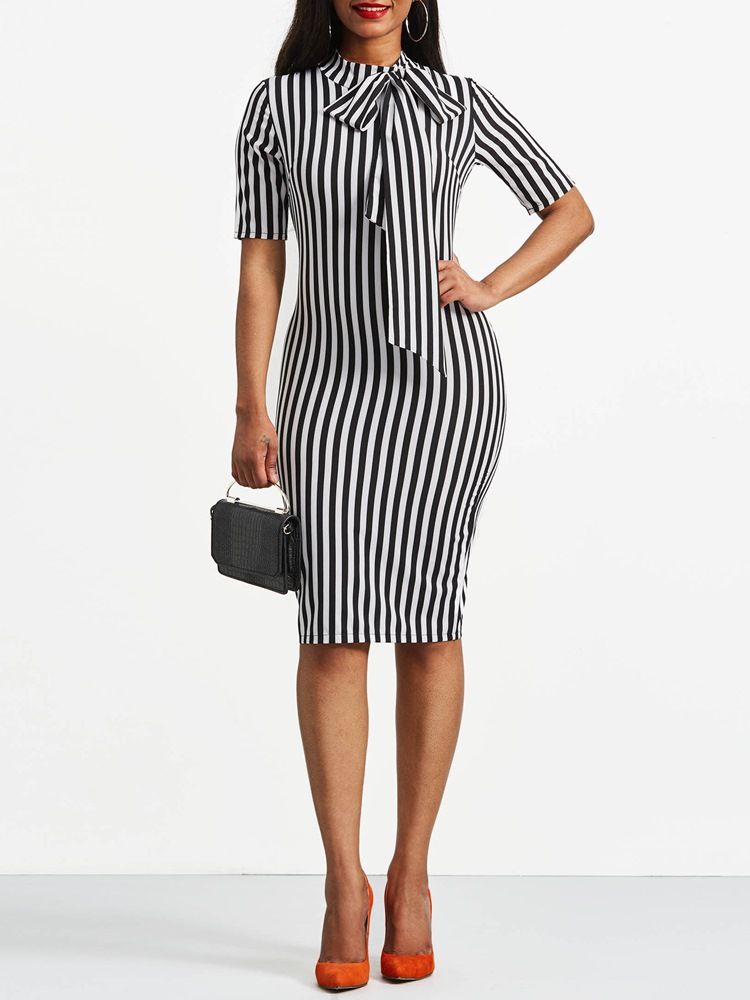 Bowknot Bow Bow Collar Stripe Bodycon Dress