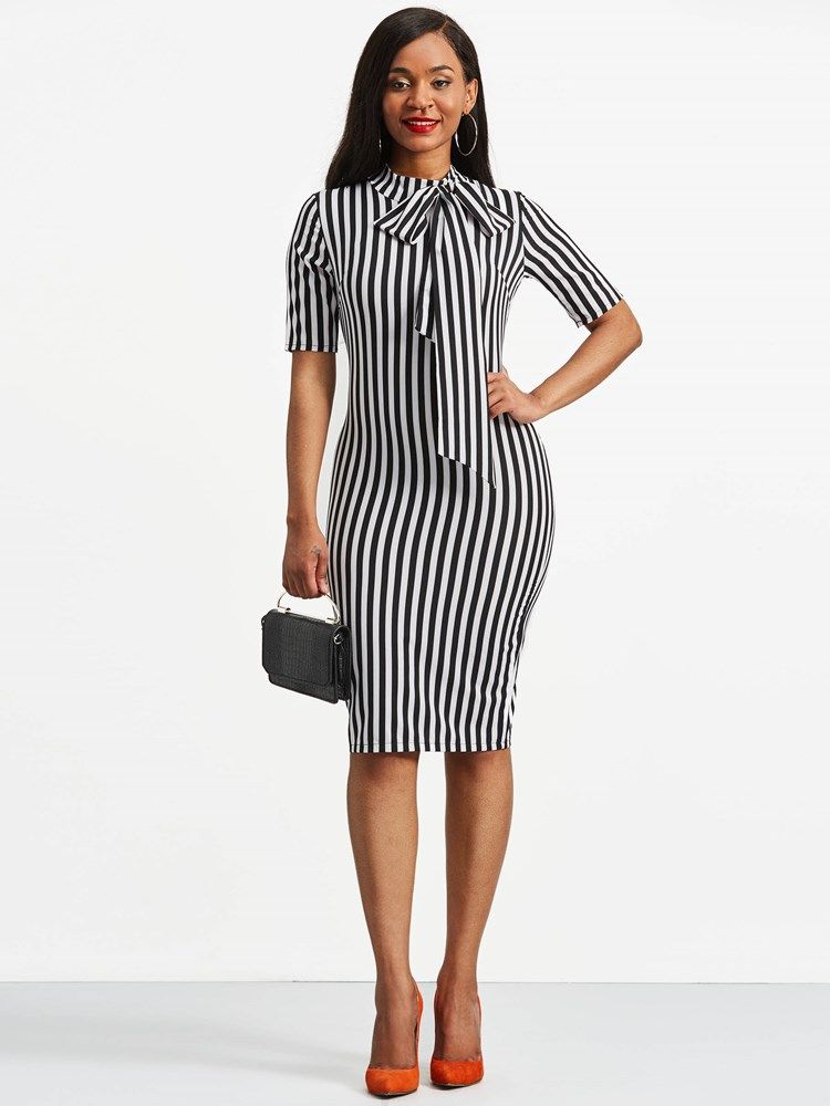 Bowknot Bow Bow Collar Stripe Bodycon Dress