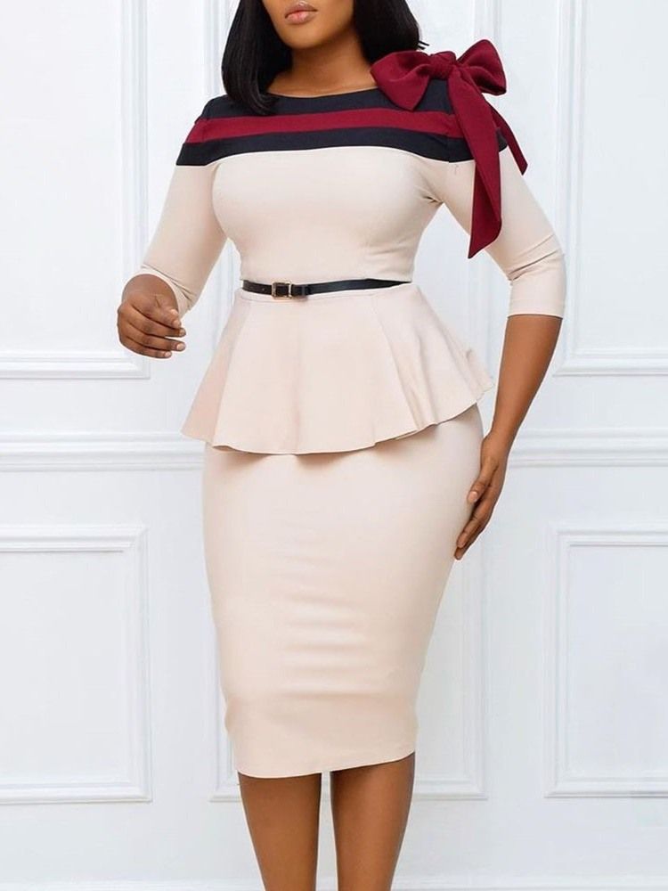 Bowknot Dame Round Neck Three-quarter Sleeve Bodycon High Waist Dress