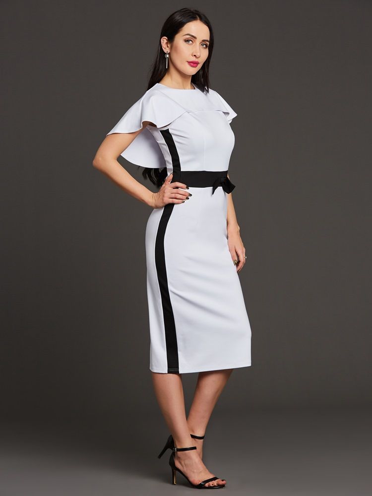 Color Block Batwing Sleeve Bowknot Dame Sheath Cape Dress