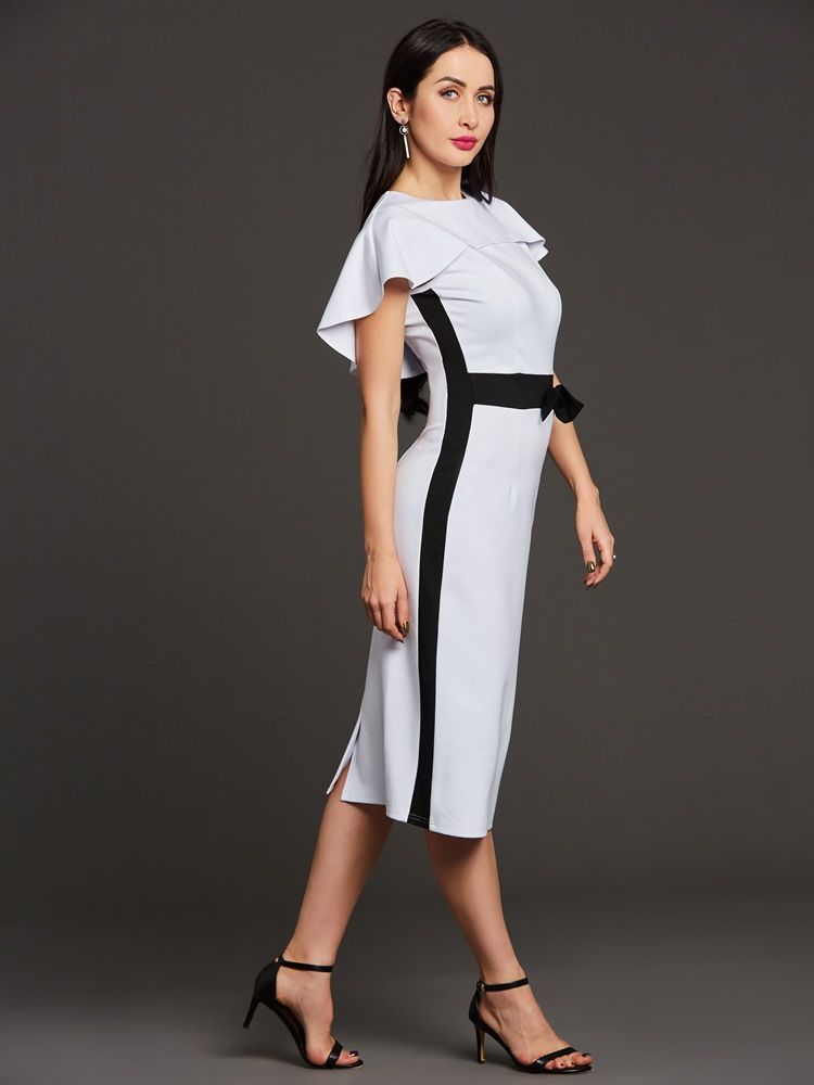 Color Block Batwing Sleeve Bowknot Dame Sheath Cape Dress