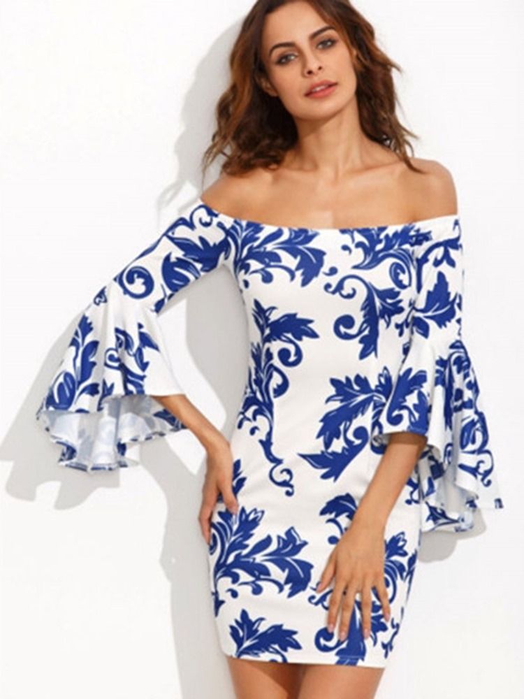 Dame Slash Neck Floral Print Bell Sleeve Bodycon Kjole