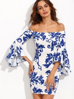 Dame Slash Neck Floral Print Bell Sleeve Bodycon Kjole