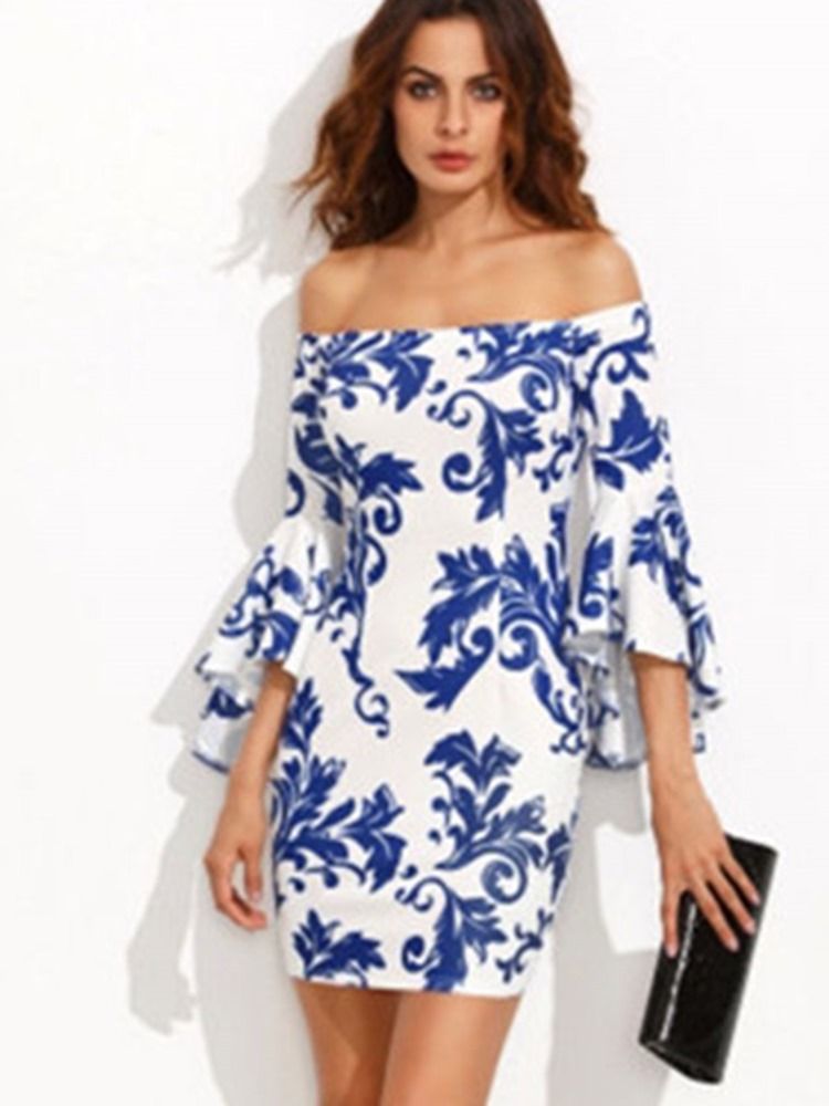 Dame Slash Neck Floral Print Bell Sleeve Bodycon Kjole