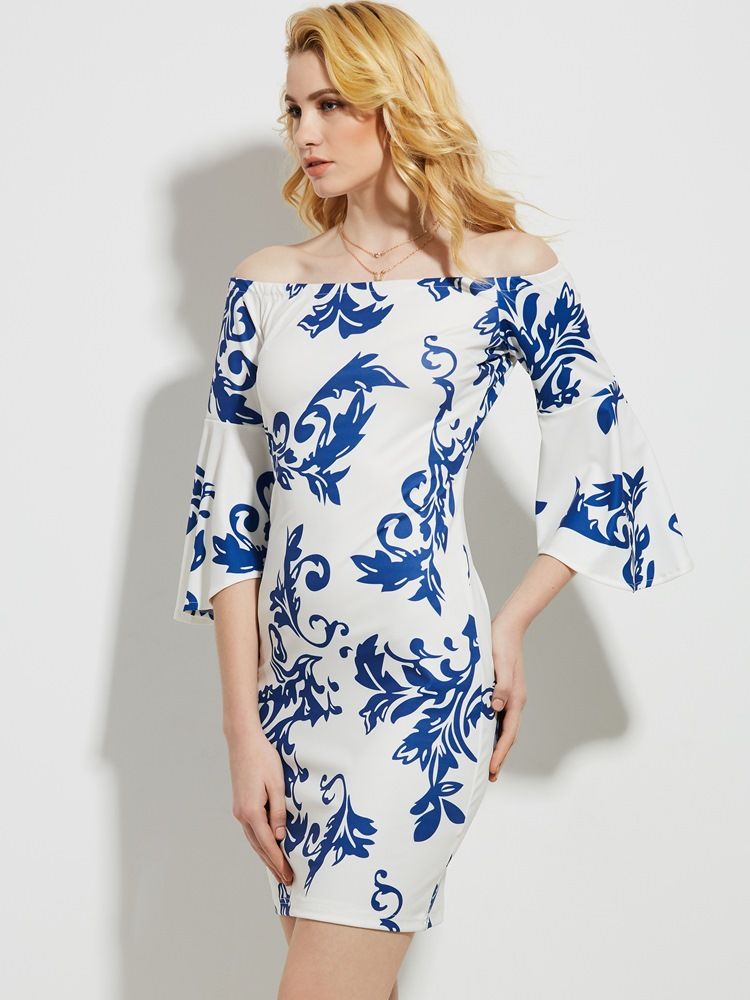 Dame Slash Neck Floral Print Bell Sleeve Bodycon Kjole