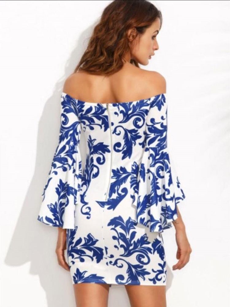 Dame Slash Neck Floral Print Bell Sleeve Bodycon Kjole