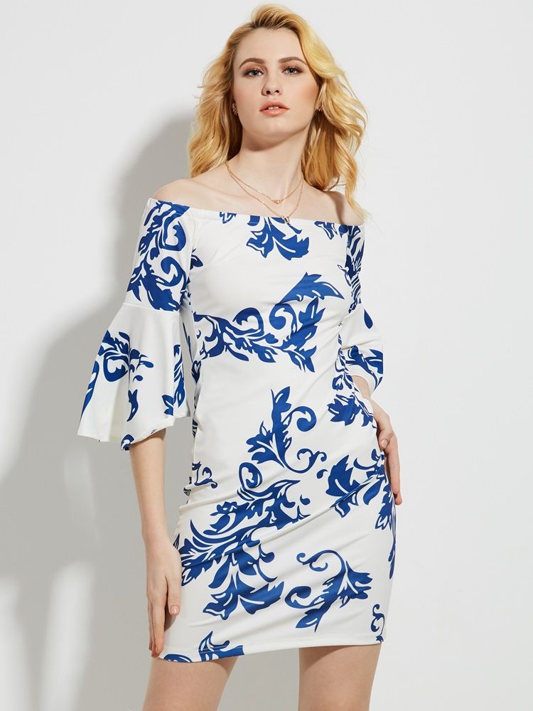 Dame Slash Neck Floral Print Bell Sleeve Bodycon Kjole