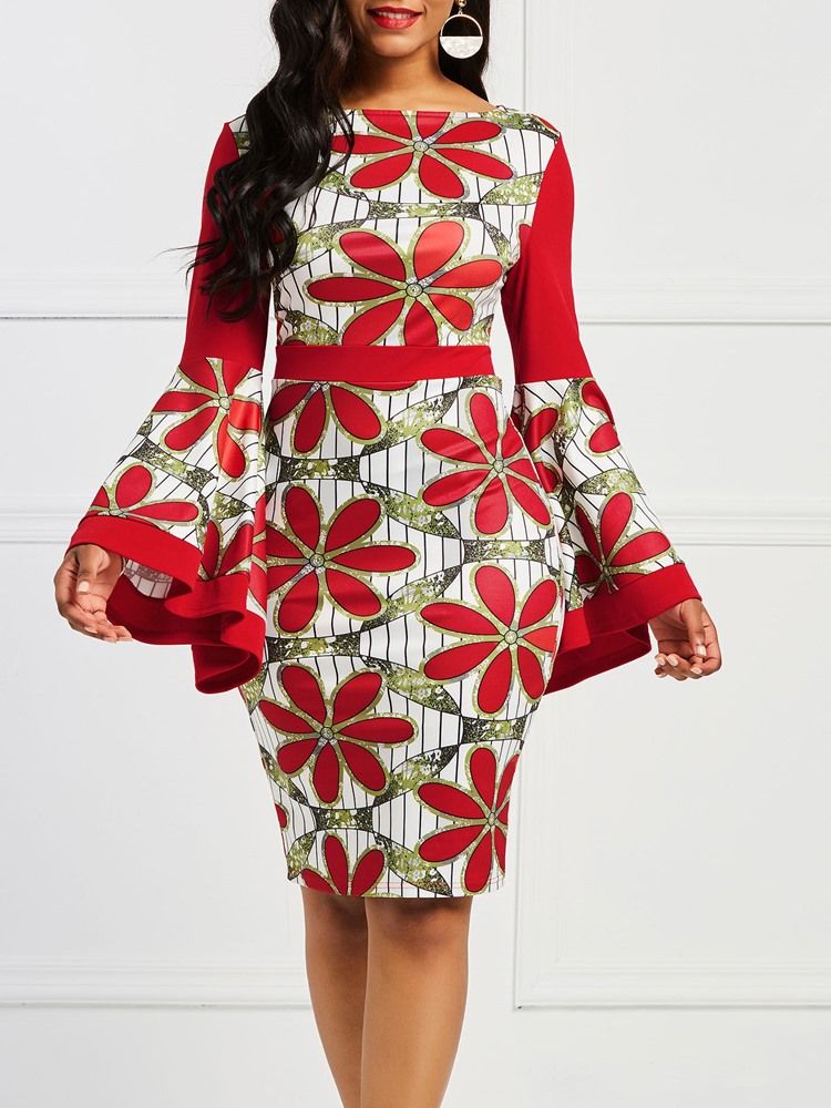 Damer Afrikansk Mote Floral Color Block Flare Sleeve Bodycon Dress