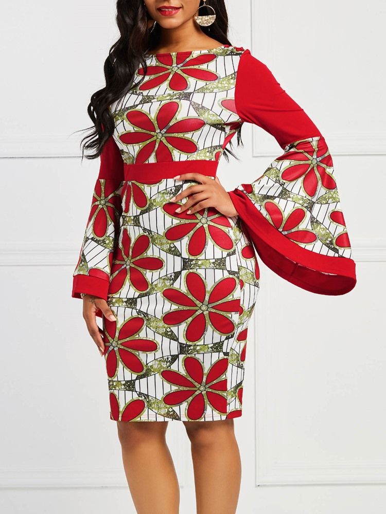 Damer Afrikansk Mote Floral Color Block Flare Sleeve Bodycon Dress