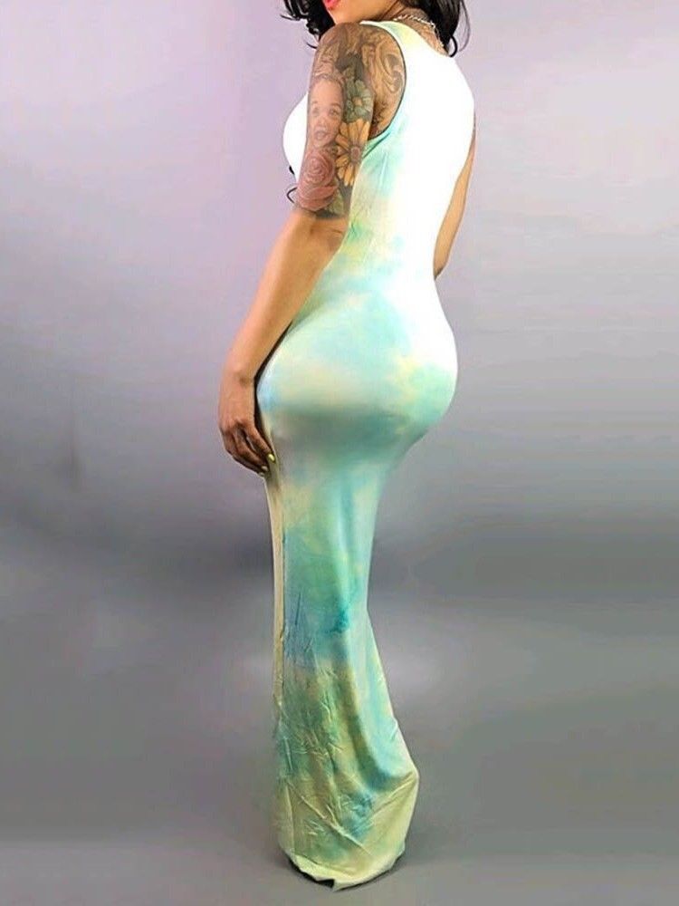 Ermeløs Kjole Med Rund Hals Og Gulvlengde Bodycon Tie-dye