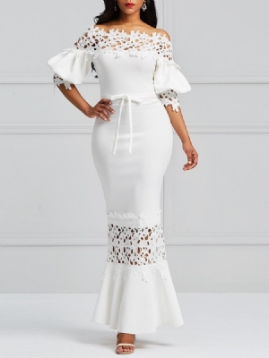 Hvit Slash Lantern Sleeve Maxi-kjole Med Blonder