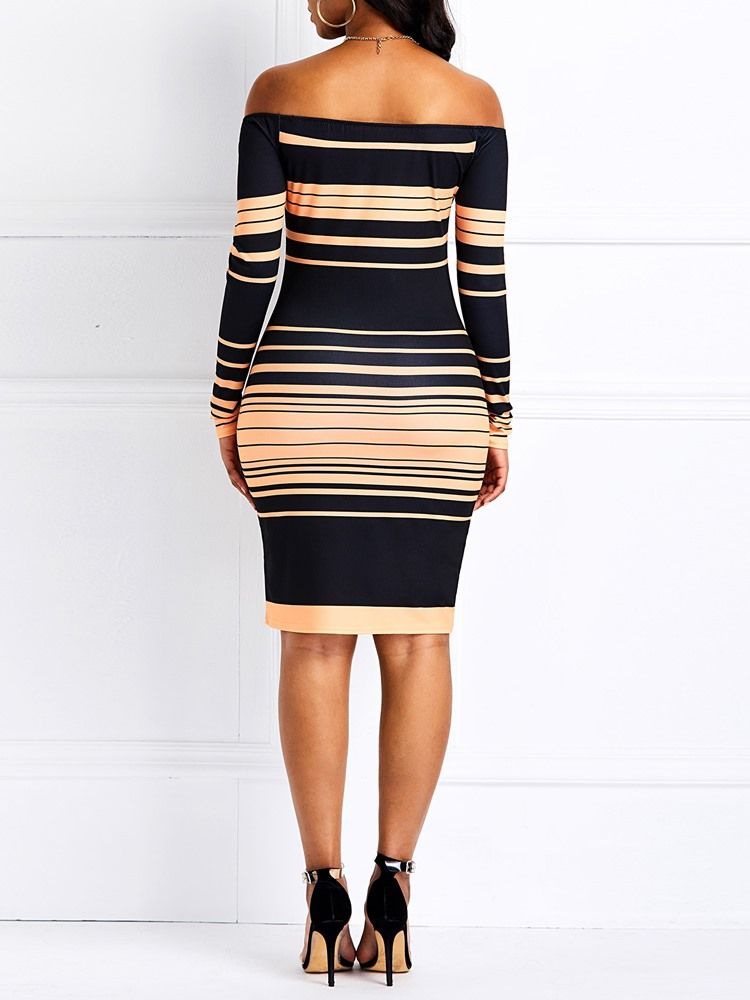 Kvinne Stripe Langermet Knelengde Bodycon Kjole