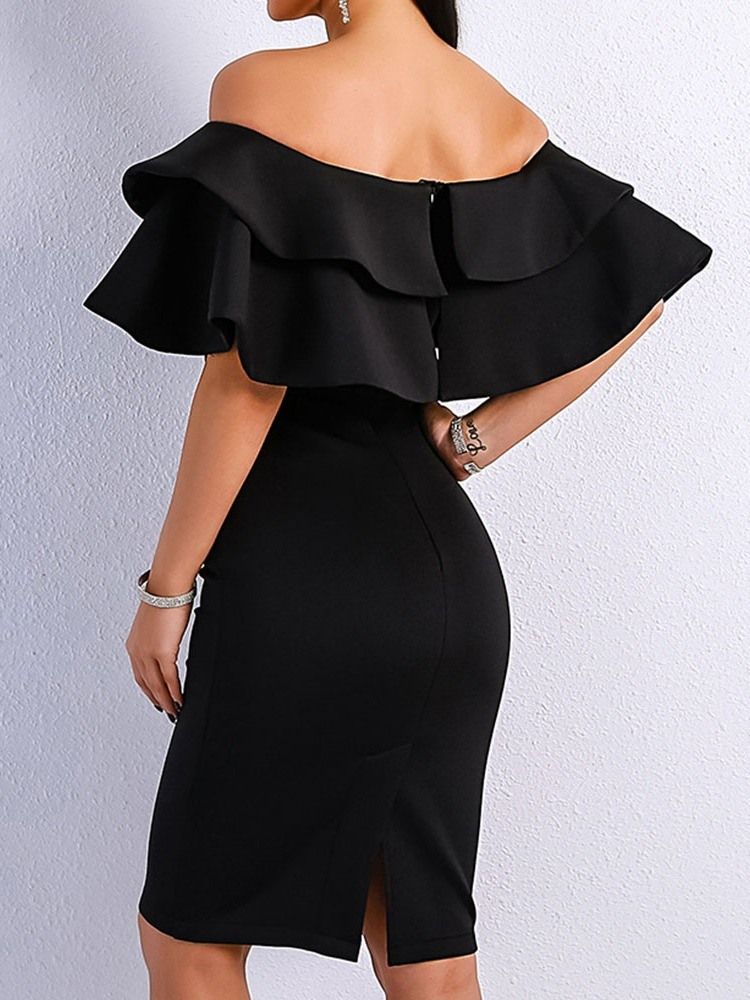 Kvinner Halv-ermet Patchwork Off Shoulder Bodycon Svart Hvit Kjole Bryllupsgjestekjole