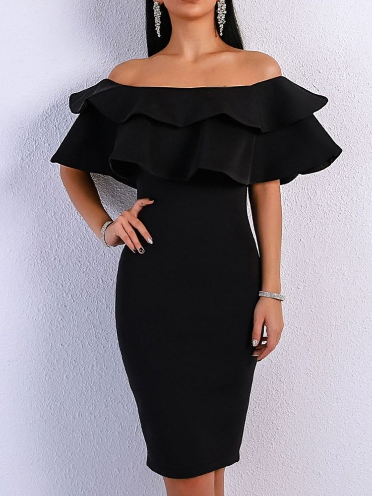 Kvinner Halv-ermet Patchwork Off Shoulder Bodycon Svart Hvit Kjole Bryllupsgjestekjole