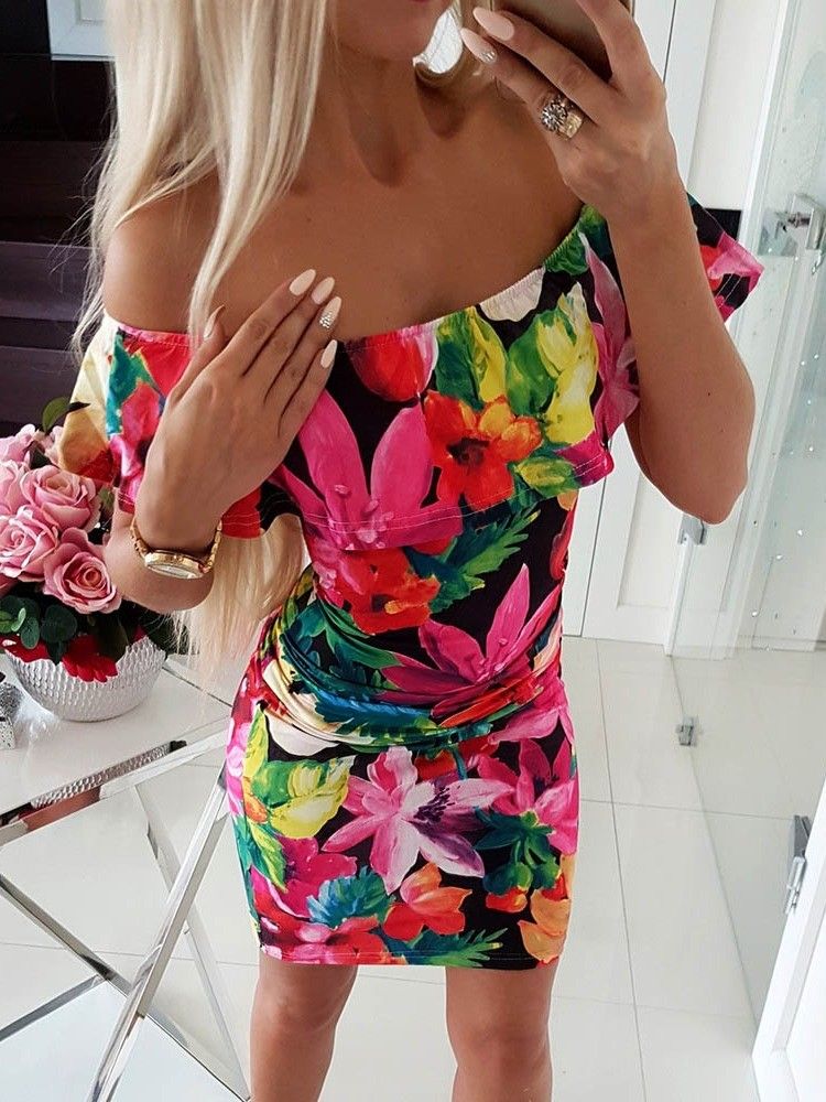 Kvinner Off Shoulder Floral Print Over Kneet Bodycon Vanlig Kjole