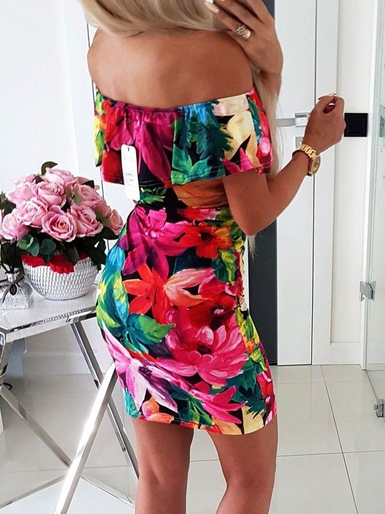 Kvinner Off Shoulder Floral Print Over Kneet Bodycon Vanlig Kjole