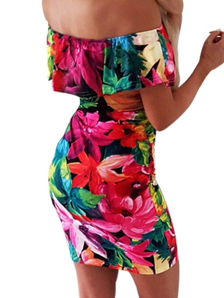 Kvinner Off Shoulder Floral Print Over Kneet Bodycon Vanlig Kjole