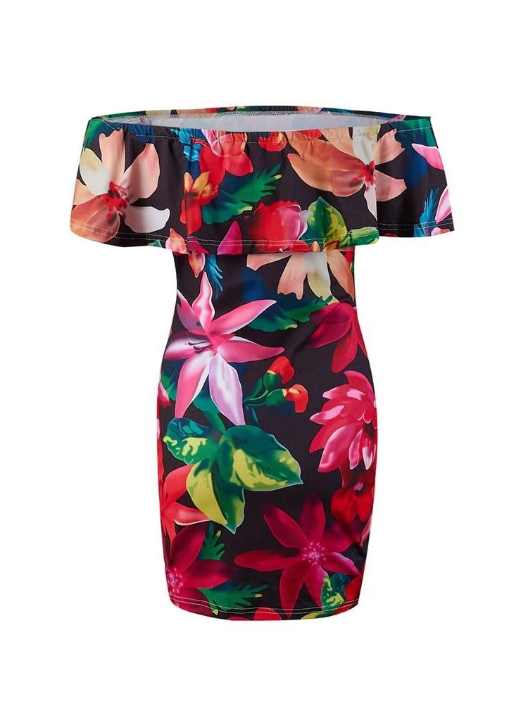 Kvinner Off Shoulder Floral Print Over Kneet Bodycon Vanlig Kjole