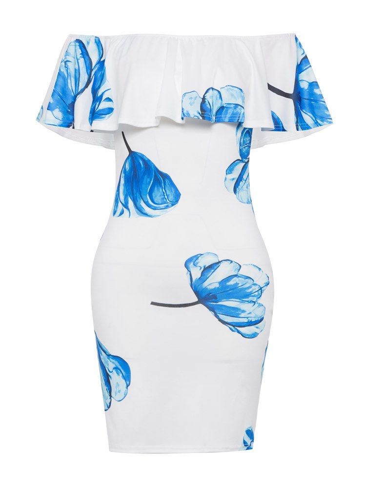 Kvinner Off Shoulder Floral Ruffles Ryggløse Bodycon Kjole