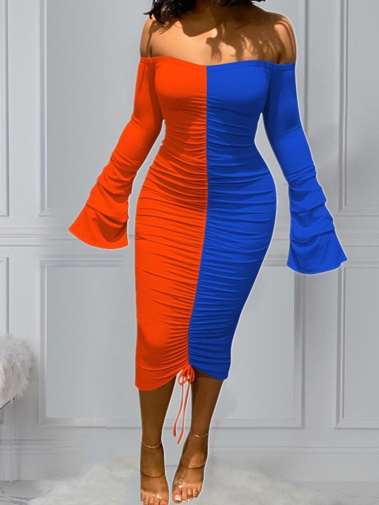 Kvinner Off Shoulder Patchwork Mid-calf Color Block Pullover Dress