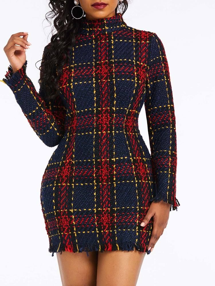 Kvinner Plaid Over Kneet Langermet Bodycon Kjole