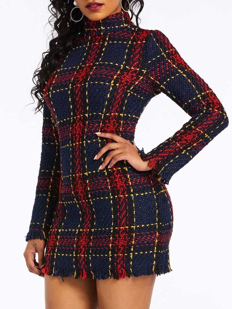 Kvinner Plaid Over Kneet Langermet Bodycon Kjole