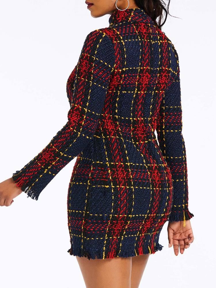 Kvinner Plaid Over Kneet Langermet Bodycon Kjole