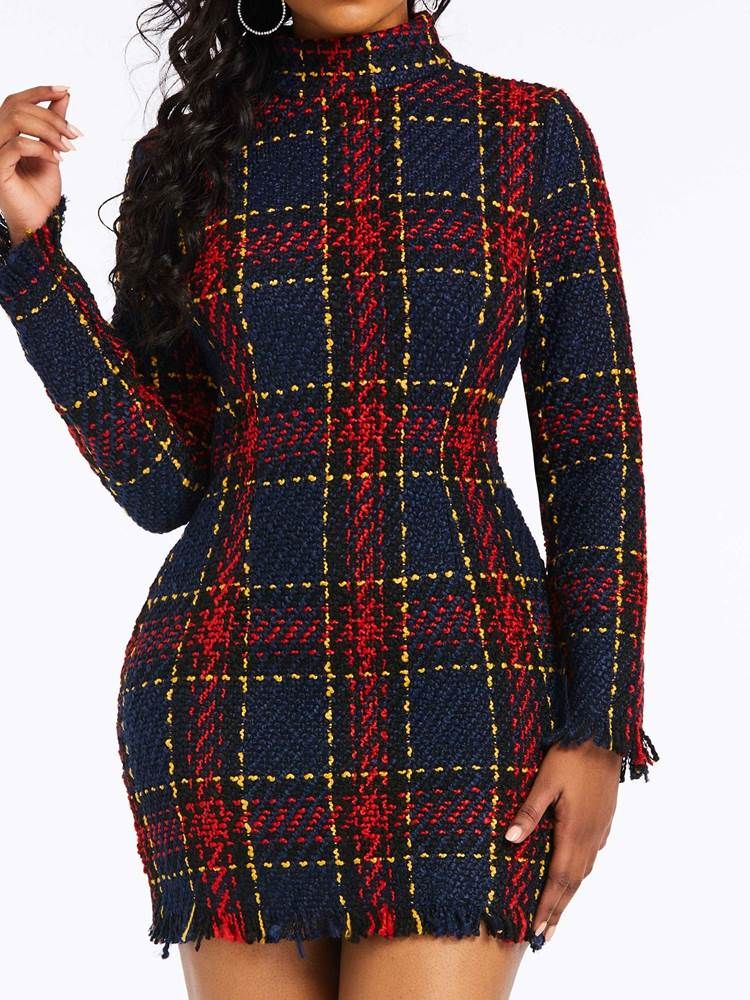 Kvinner Plaid Over Kneet Langermet Bodycon Kjole