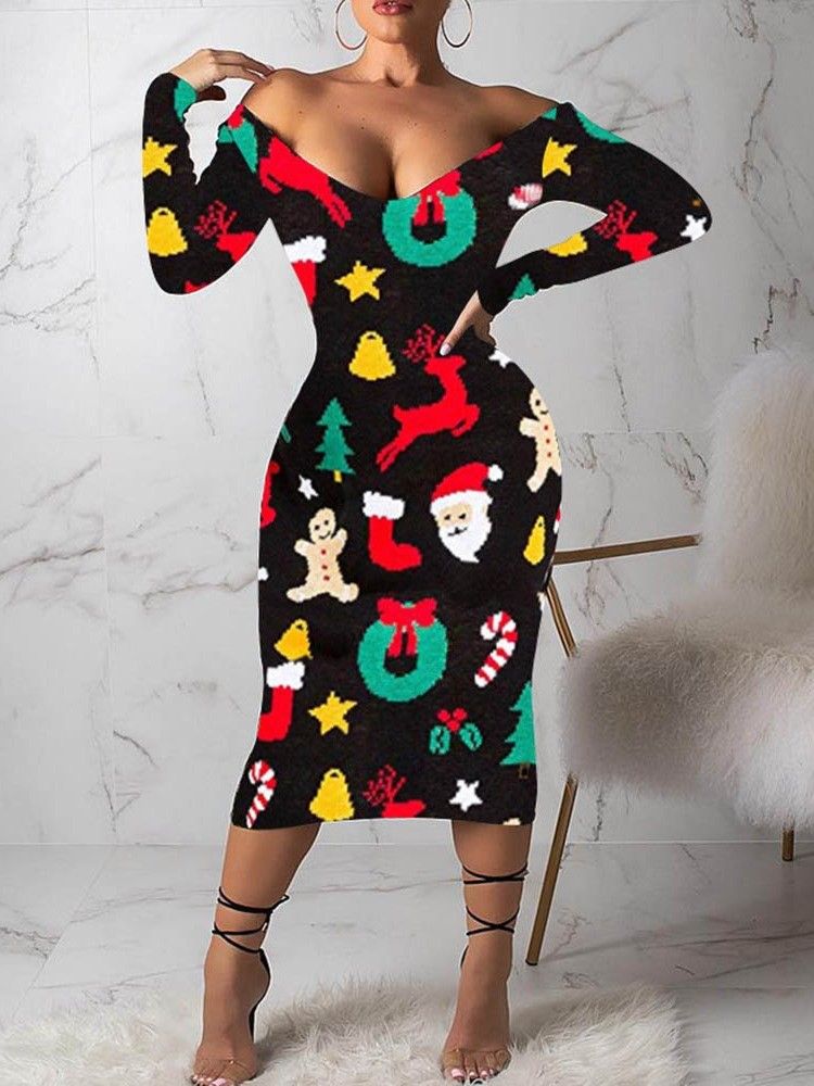 Kvinner Print Langermet Midt-kalv Cartoon Shoulder Cartoon Dress