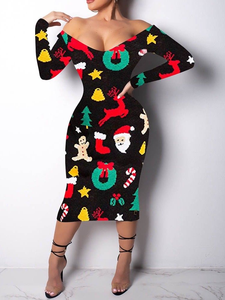 Kvinner Print Langermet Midt-kalv Cartoon Shoulder Cartoon Dress