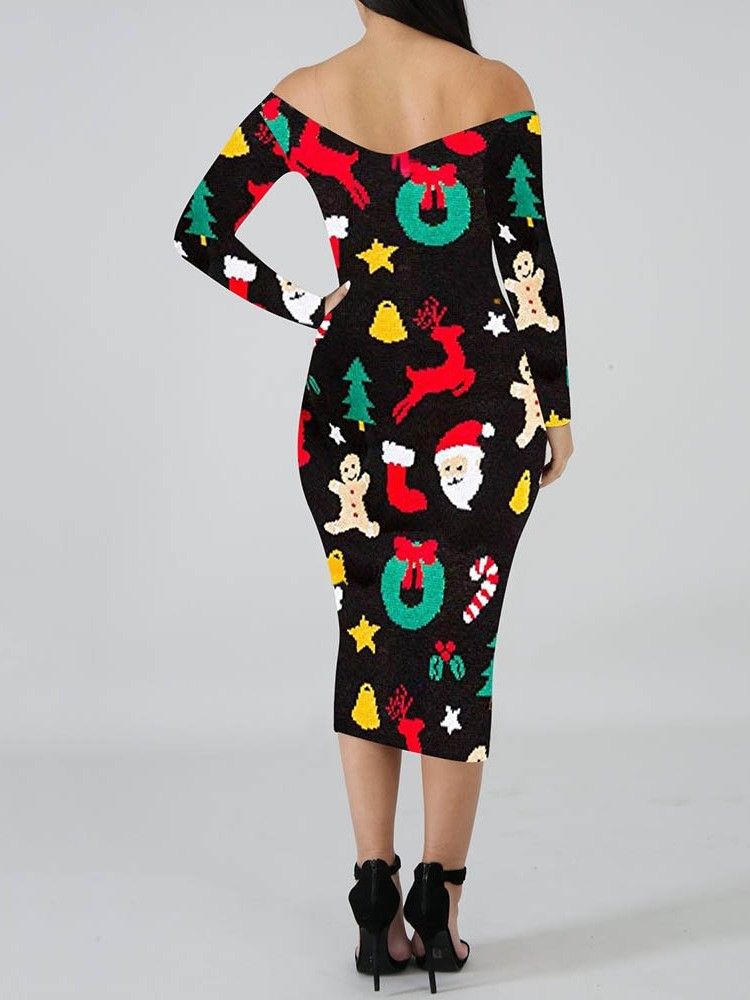 Kvinner Print Langermet Midt-kalv Cartoon Shoulder Cartoon Dress