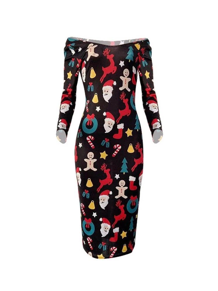 Kvinner Print Langermet Midt-kalv Cartoon Shoulder Cartoon Dress