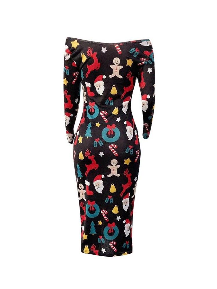 Kvinner Print Langermet Midt-kalv Cartoon Shoulder Cartoon Dress