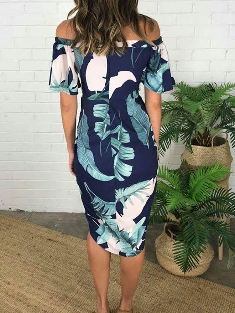 Kvinner Print Off Shoulder Kortermet Vanlig Asymmetrisk Kjole