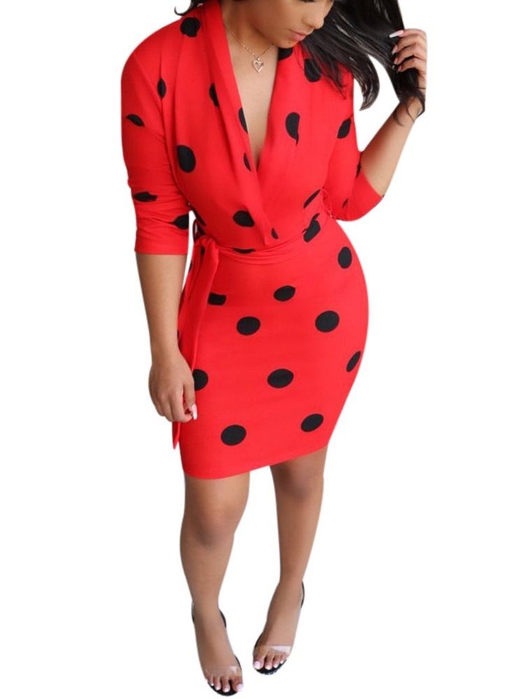 Kvinner Print V-hals Ni Poeng Erme Polka Dots Fall Dress