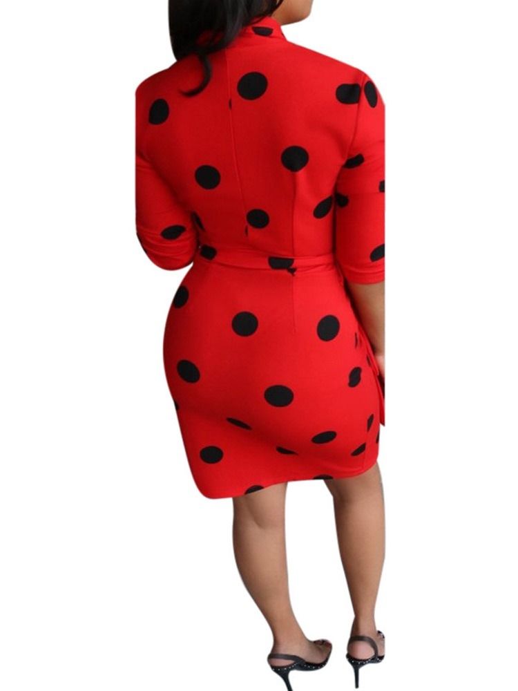 Kvinner Print V-hals Ni Poeng Erme Polka Dots Fall Dress