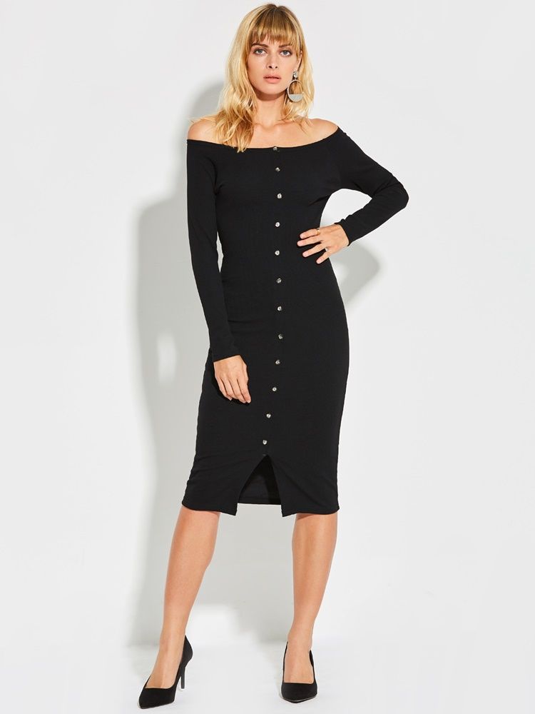 Kvinner Slash Neck Button Vanlig Bodycon Kjole