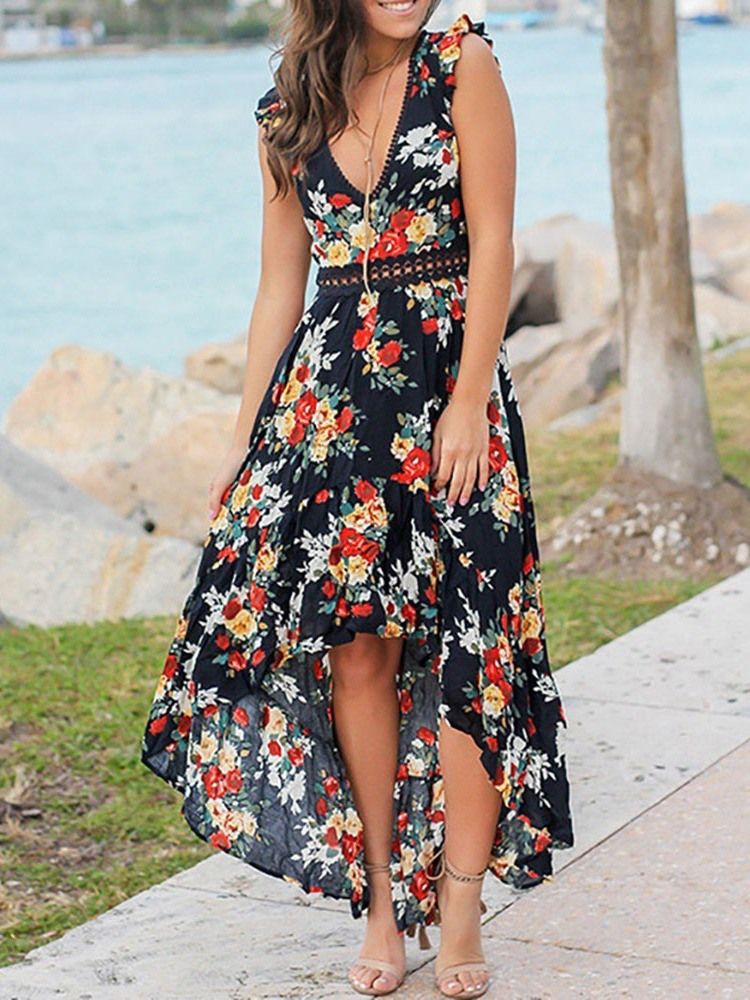 Kvinner Swallowtail Floral Print V-neck Sweet Pullover Dress