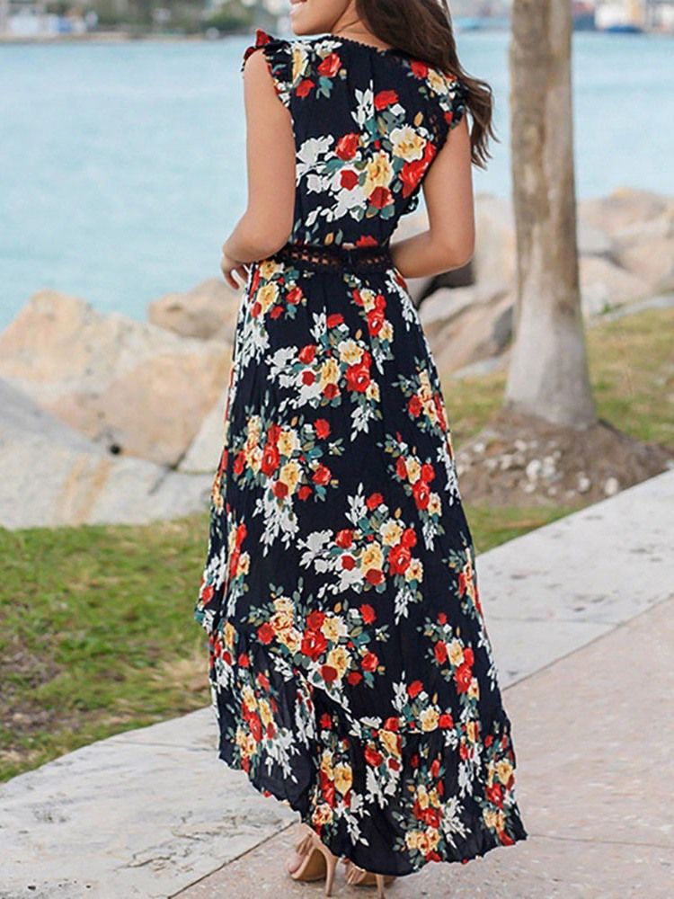 Kvinner Swallowtail Floral Print V-neck Sweet Pullover Dress