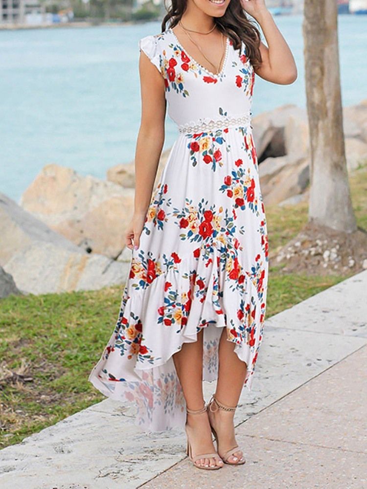 Kvinner Swallowtail Floral Print V-neck Sweet Pullover Dress