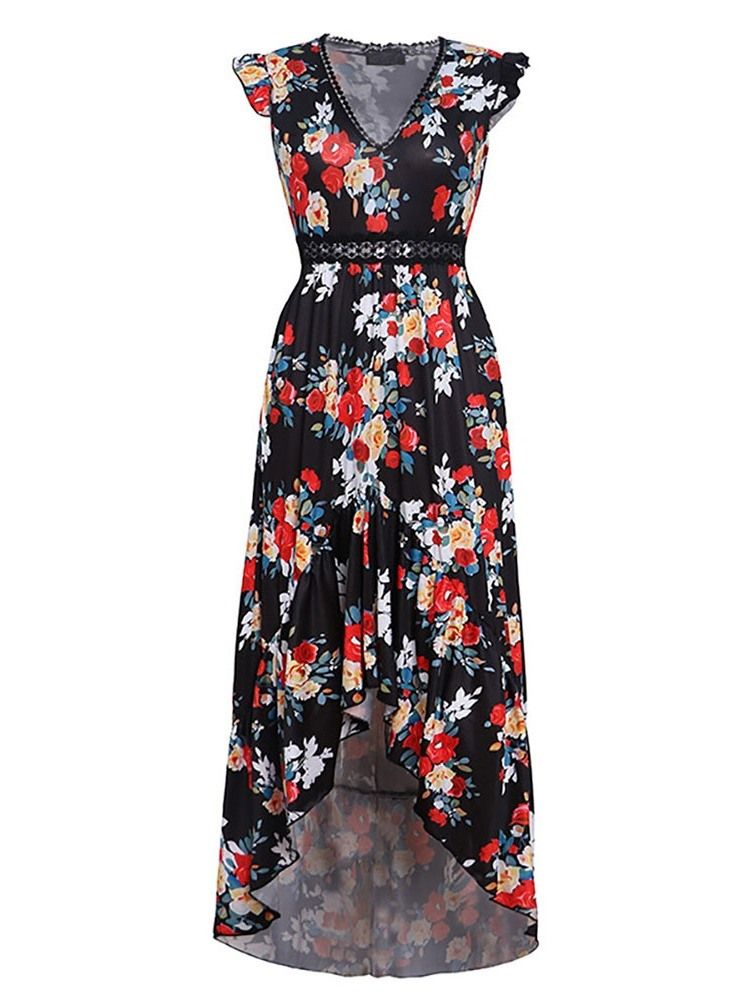 Kvinner Swallowtail Floral Print V-neck Sweet Pullover Dress