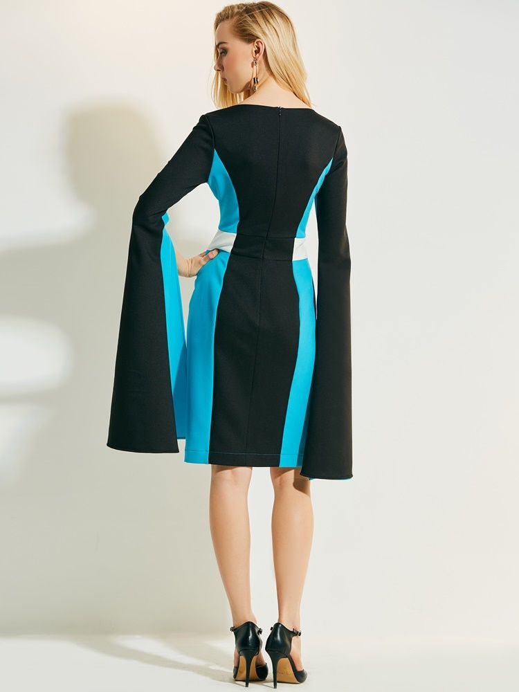 Kvinner V-hals Color Block Flare Ermer Bodycon Kjole