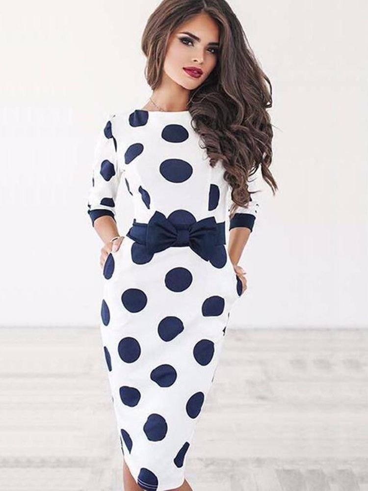 Kvinners Knelengde Bowknot Polka Dot Bodycon Kjole